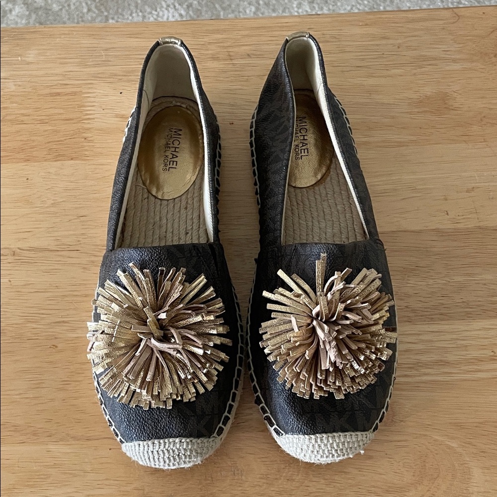 Michael Kors Black and Gold Pom-Pom Espadrilles